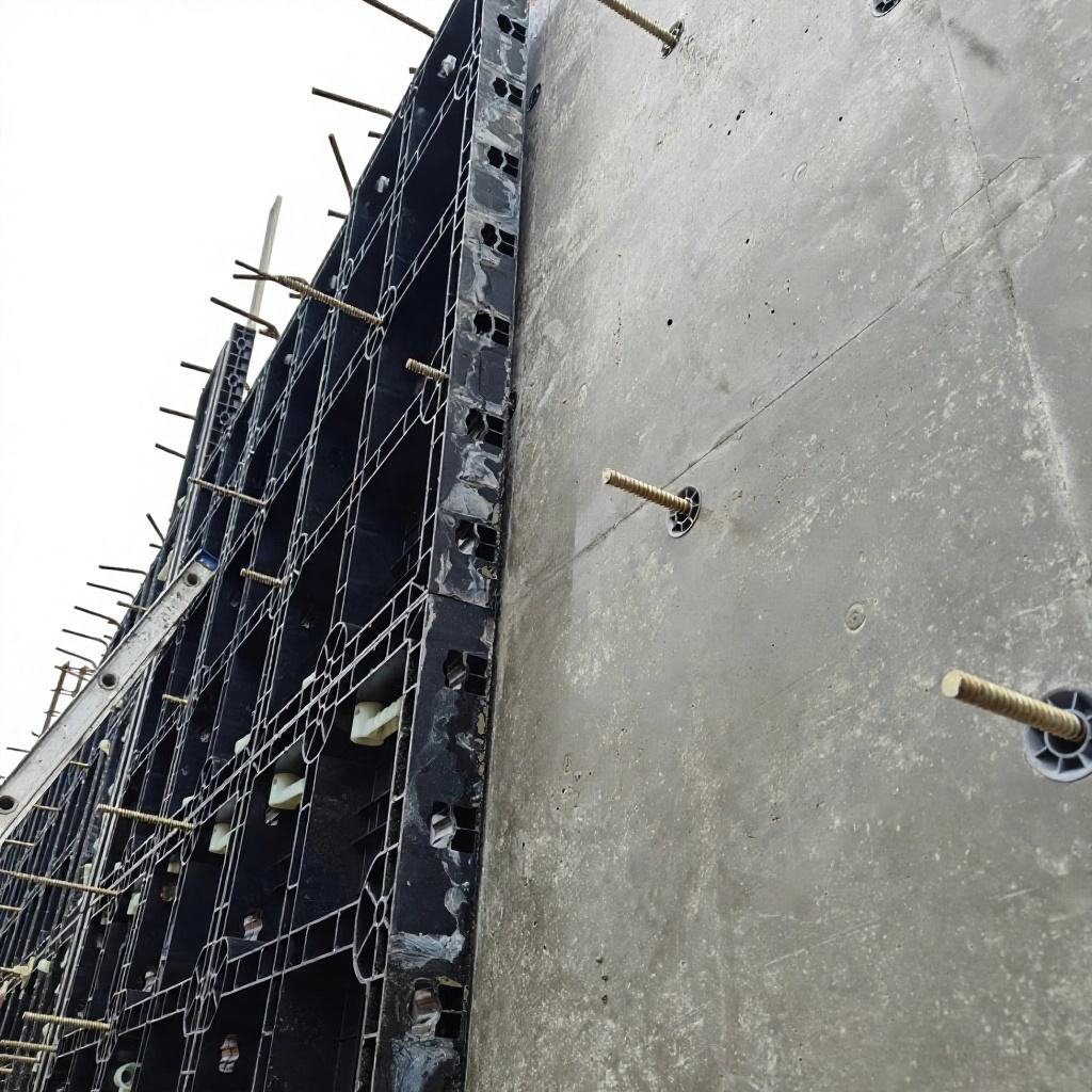 Close-up of ABS plastic formwork panels and connecting handles