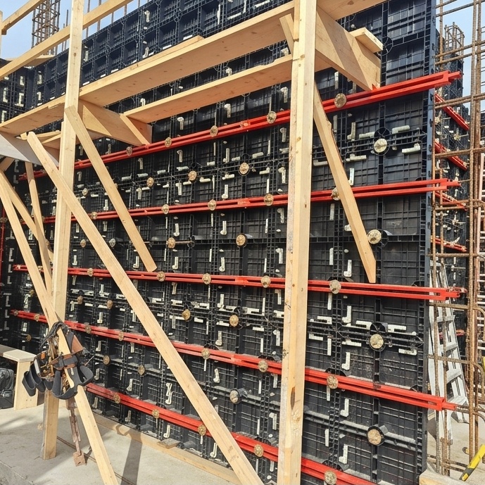 ABS plastic modular formwork panels arranged for concrete wall construction